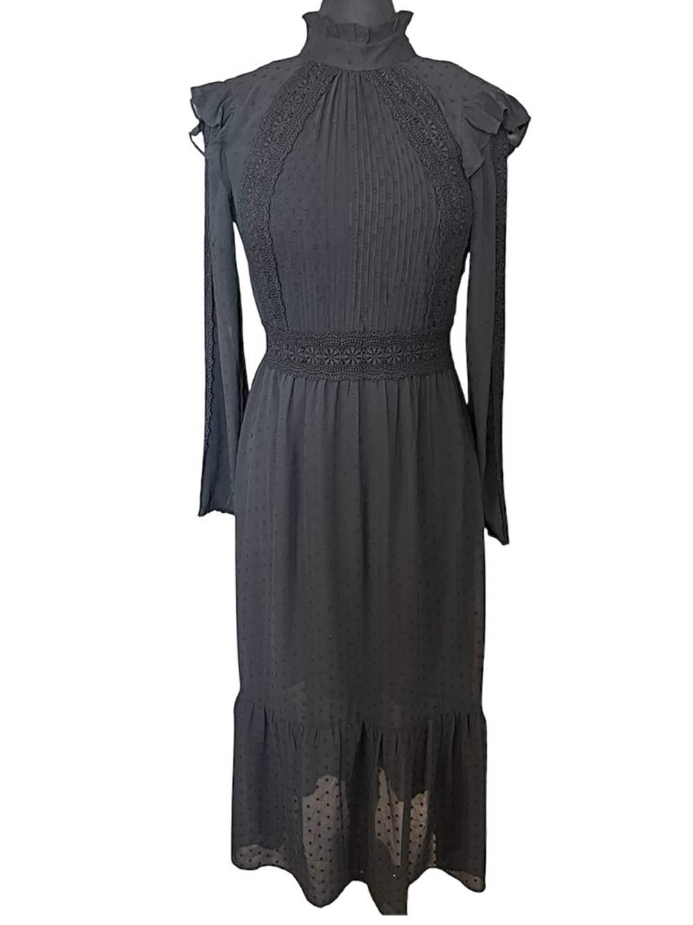 SALE! TOPSHOP IDOL Black Pintuck Lace Insert Midi Gothic Victorian Dress 6 S/M